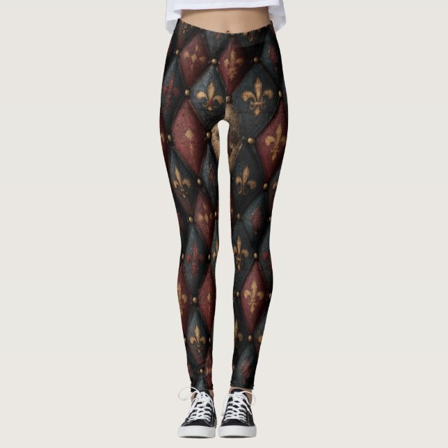 Legging Padrão Harlequim de Fleur-de-Lis Medieval Tuftado  (Frente)