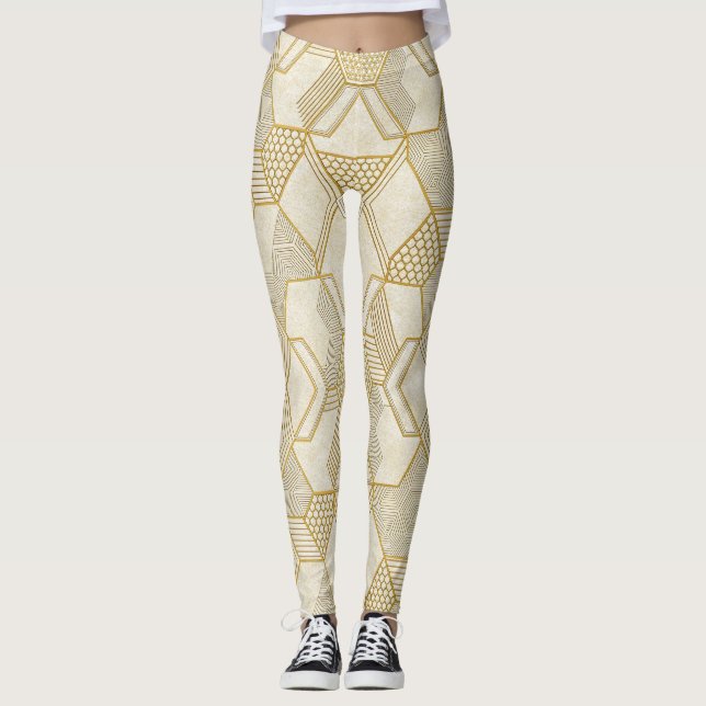 Legging Padrão Hexagonal Orgânico Moderno | Creme e Bege 2 (Frente)
