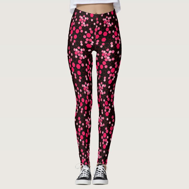 Legging Padrão hexágono 03b.Preto cor-de-rosa BG (Frente)