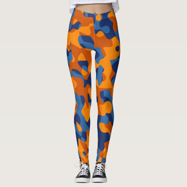 Legging Padrão Impressão de Camuflagem Laranja Azul (Frente)