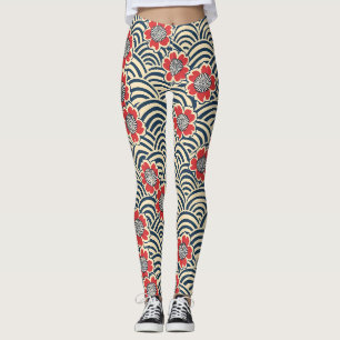 Legging Padrão Japonês Creme Onda Azul-Marinho Sakura Verm