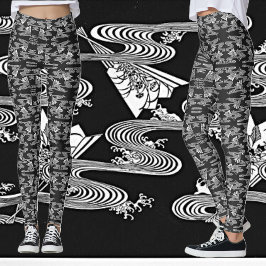 Legging "Padrão Japonês de Ventiladores" preto e branco