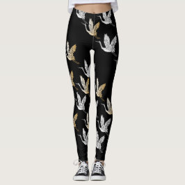 Legging Padrão Japonês Dourado Crane de Prata Negra