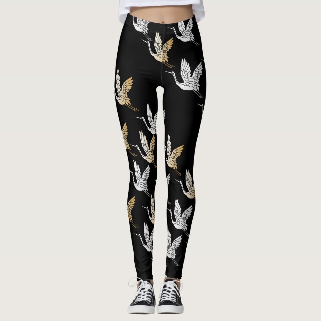 Legging Padrão Japonês Dourado Crane de Prata Negra (Frente)