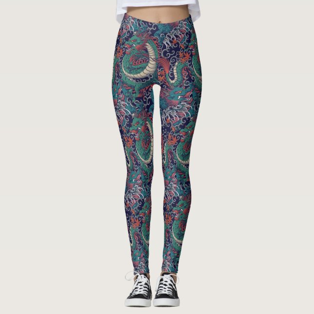 Legging Padrão Japonês Dragão Vermelho Verde (Frente)