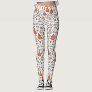 Legging Padrão Laranja Cinza Natal Doodle