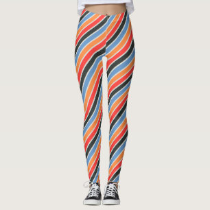 Legging padrão laranja diagonal, azul-céu e faixas vermelh