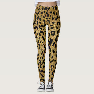 Legging Padrão-Leopardo Suave Glitter Dourado