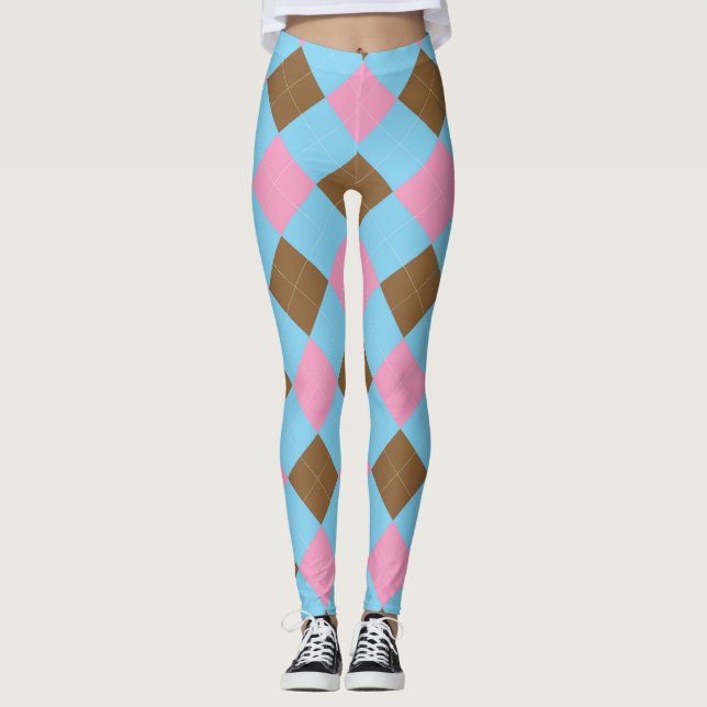 Legging Padrão marrom-azul e argtilo rosa (Frente)
