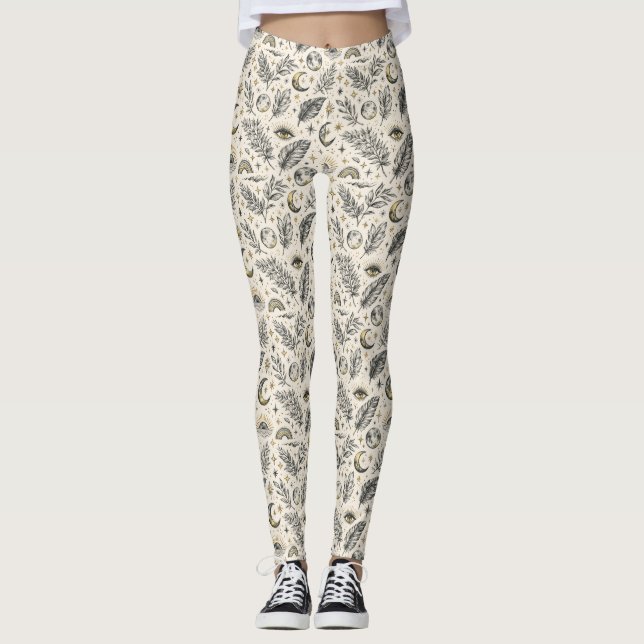 Legging Padrão Místico Celestial de Lua e Estrelas (Frente)