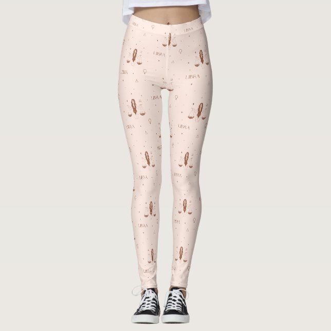 Legging Padrão Místico do Zodíaco de Libra em Rosa e Marro (Frente)