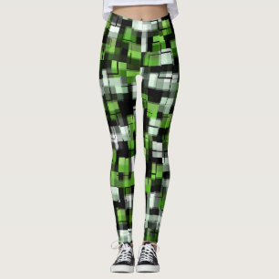 Legging Padrão Moderno Branco Verde Preto