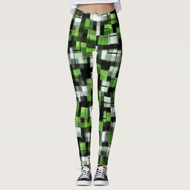 Legging Padrão Moderno Branco Verde Preto (Frente)