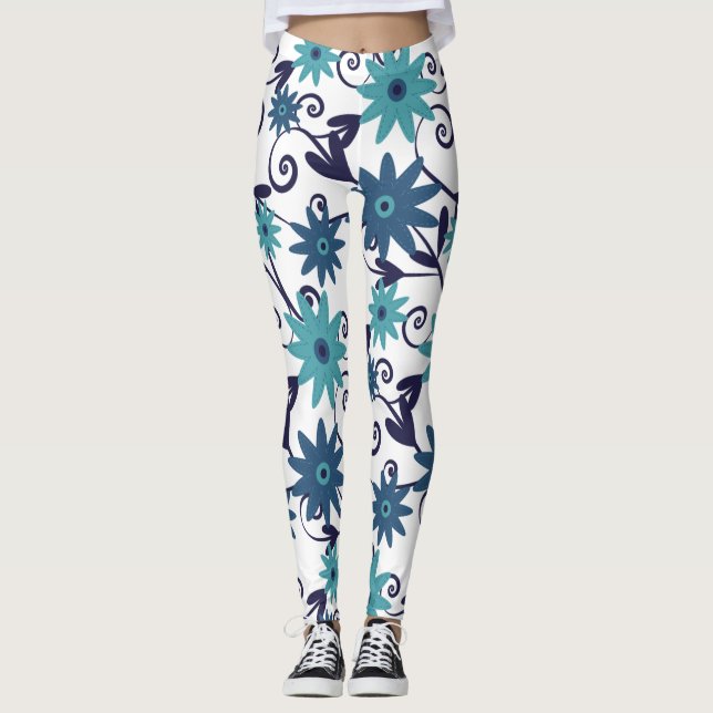 Legging Padrão Moderno de Flor Azul Turquesa (Frente)