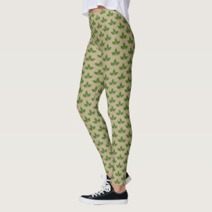 Legging Padrão Moderno de Folha de Louro Verde em Bege
