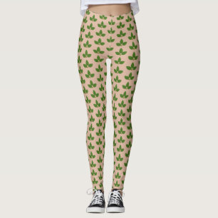 Legging Padrão Moderno de Folhas de Louro Verdes em Bege