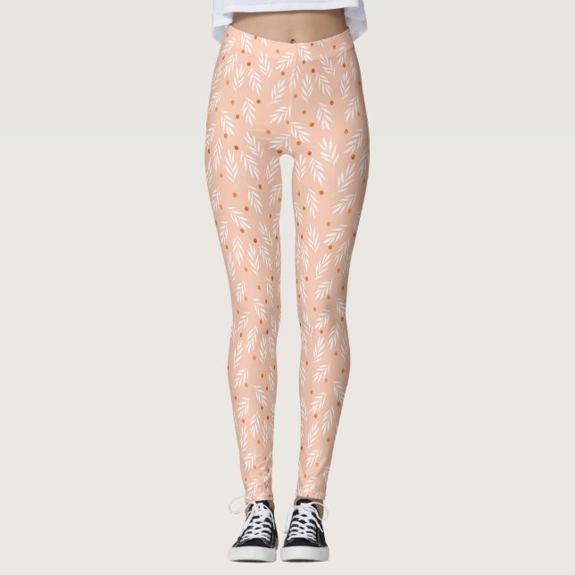 Legging Padrão Moderno de Folhas Florais Apricot Rosa (Frente)