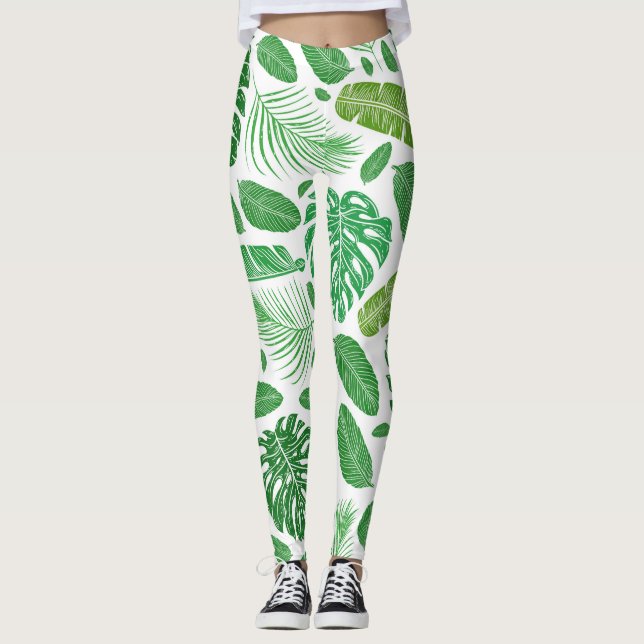 Legging Padrão Moderno de Folhetos Tropicais Verdes (Frente)
