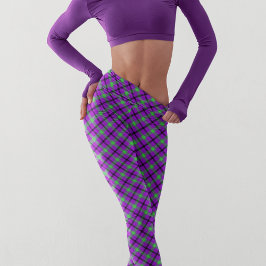 Legging Padrão Moderno do Tartan Verde Roxo Halloween