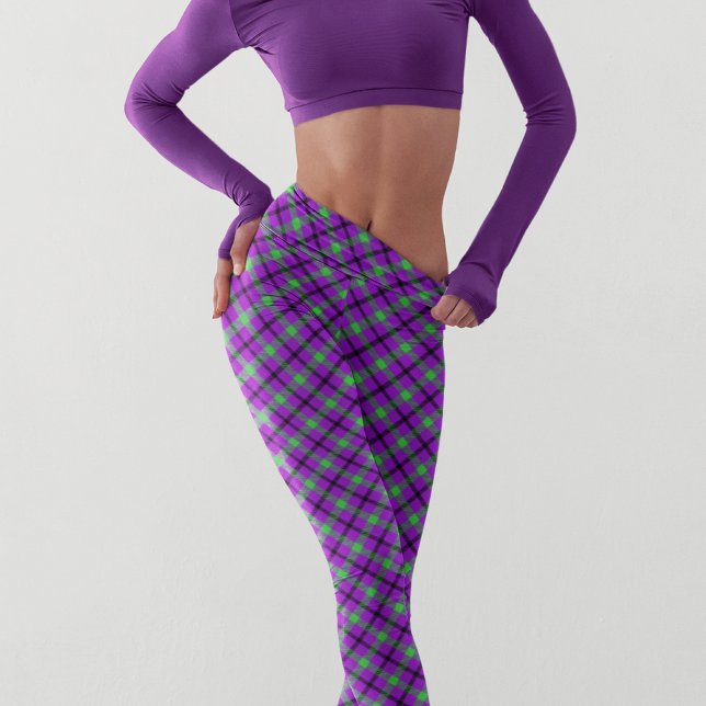 Legging Padrão Moderno do Tartan Verde Roxo Halloween (Criador carregado)