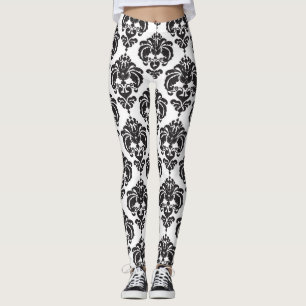 Legging Padrão Moderno Elegante em Damask Preto e Branco