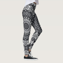 Legging Padrão Monocromático de Mandala Preto e Branco