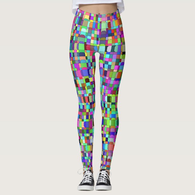 Legging Padrão Multicolor de Formas de Quadrados Abstratos (Frente)