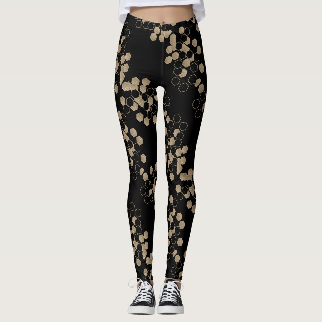 Legging Padrão na moda geométrico preto e ouro hexágono (Frente)