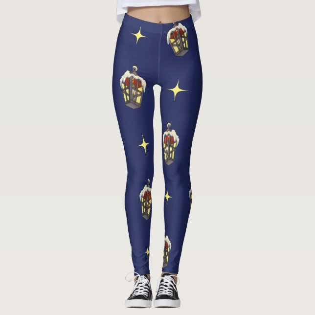 Legging Padrão Natalino Antigo com uma Lanterna em Azul (Frente)