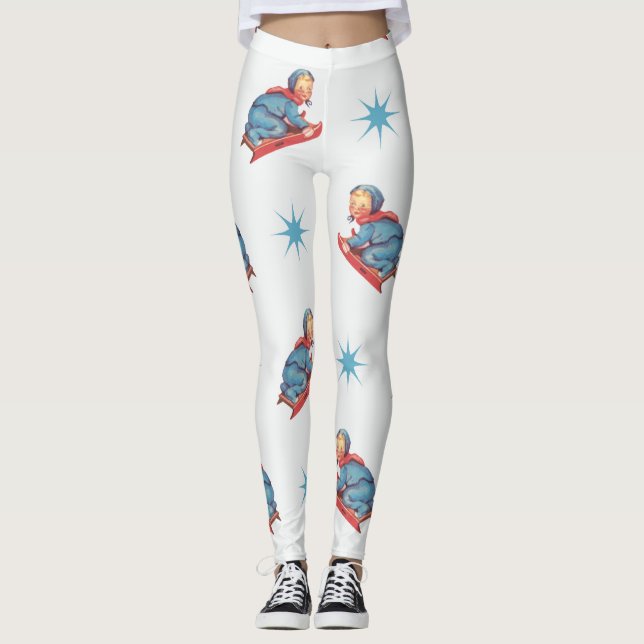 Legging Padrão Natalino Antigo, Criança Deslizando na Neve (Frente)