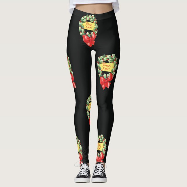 Legging Padrão Natalino Antigo, Feliz Natal em Grinalda (Frente)