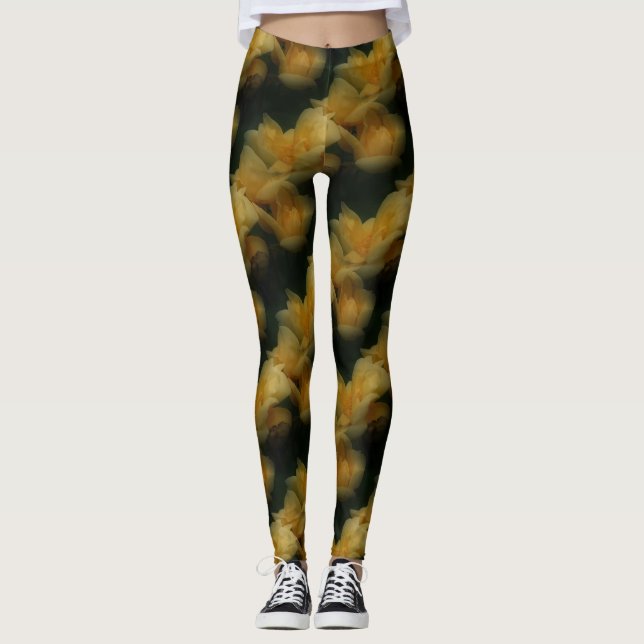 Legging Padrão Natural das Flores de Rosa Amarelas (Frente)