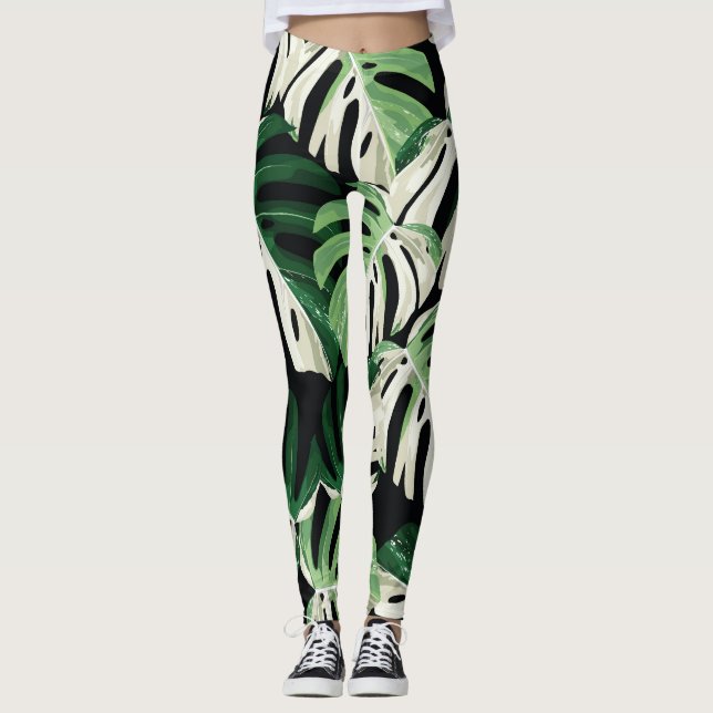 Legging Padrão Negro Exótico Monstera Leaf (Frente)