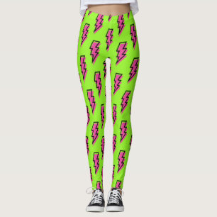 Legging Padrão Neon Green & Pink Lightning Bolt do anos 80