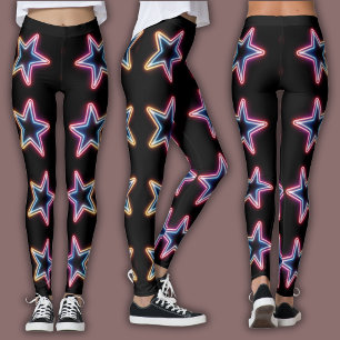 Legging Padrão Neon Vibrante   Estrela Elétrica dos Anos 8