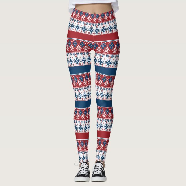 Legging Padrão Norueguês Striped Azul Vermelho (Frente)