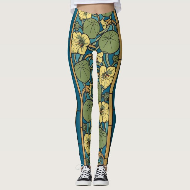 Legging Padrão Nouveau da Flor Nasturtium Amarelo Azul (Frente)