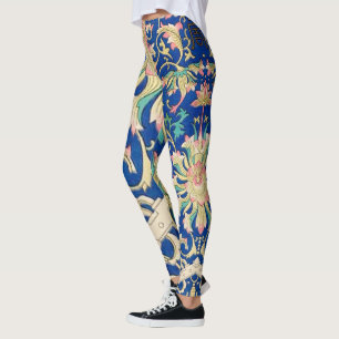 Legging Padrão Oriental Floral Antigo Azul Real Profundo