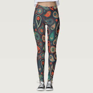 Legging padrão paisley cor de laranja verde em azul escuro