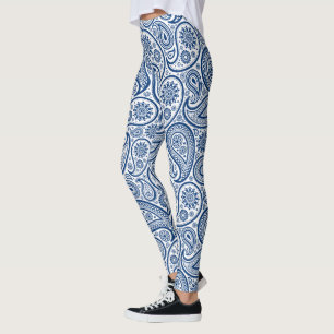 Legging padrão paisley de vinheta azul-marinho e branco