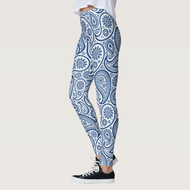 Legging padrão paisley de vinheta azul-marinho e branco (Esquerda)