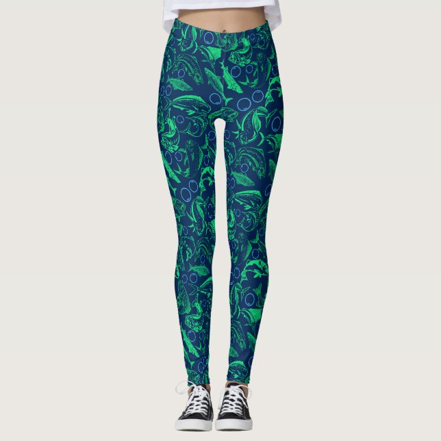Legging Padrão Peixes Verdes 10.w D Azul BG (Frente)