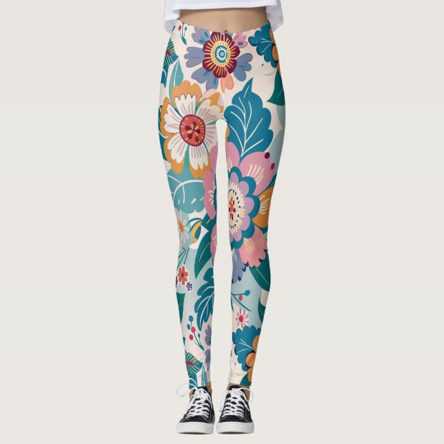 Legging Padrão Personalizado de Pastel Floral Retro Orient (Frente)