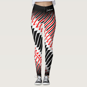 Legging Padrão preto branco abstrato vermelho com seu nome