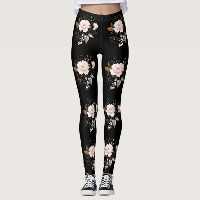 Legging Padrão Preto Delicado Elegante Flores Douradas Ros (Frente)