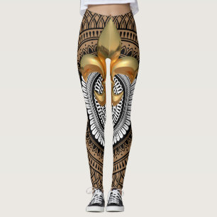Legging Padrão Preto do Ouro de luxo Fleur-de-Lis Mandala