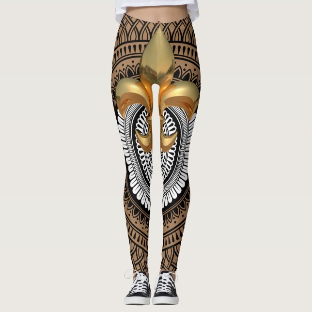 Legging Padrão Preto do Ouro de luxo Fleur-de-Lis Mandala (Frente)