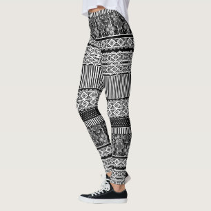 Legging Padrão preto e branco com elementos de renda e pat