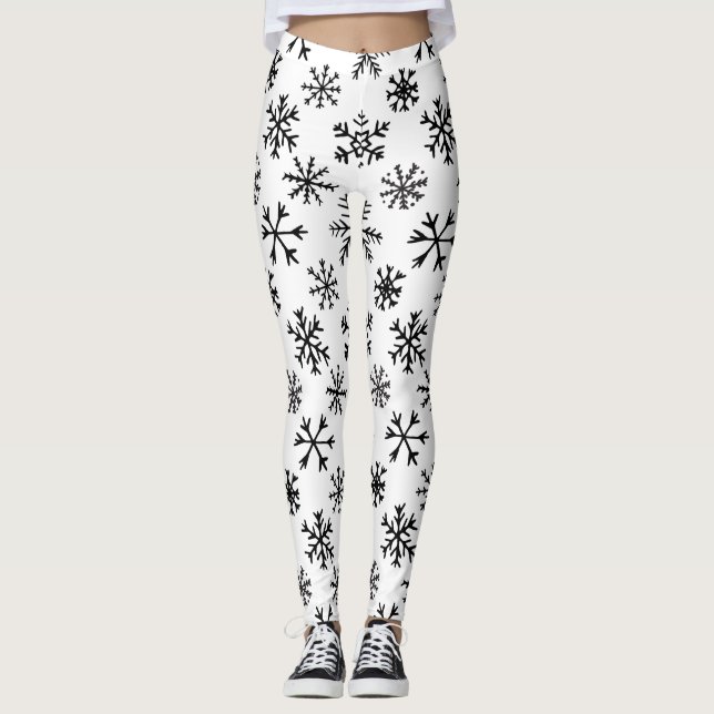 Legging Padrão preto e branco dos flocos de neve (Frente)