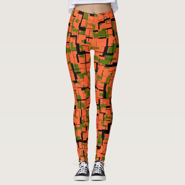 Legging Padrão Preto Laranja Verde da Camo Digital (Frente)
